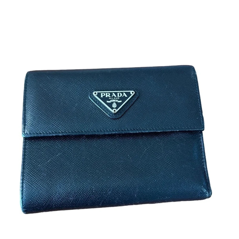Authentic PRADA Milano Black Saffiano Leather Compact Wallet